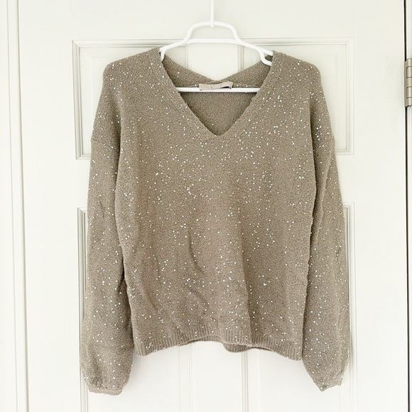 ANN TAYLOR LOFT sweater size XS brown taupe sequins v-neck - Picture 1 of 7